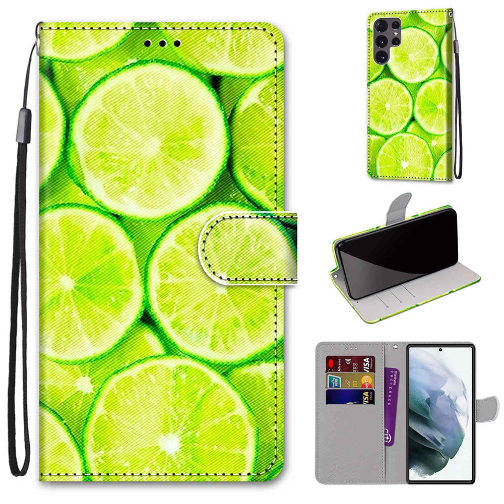 Pattern Printing Phone Case PU Leather + TPU Phone Cover with Stand Wallet and Wrist Strap for Samsung Galaxy S22 Ultra 5G - B02 Lime-11
