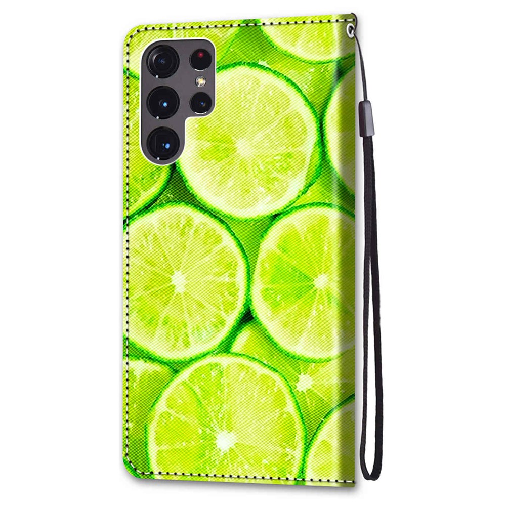 Pattern Printing Phone Case PU Leather + TPU Phone Cover with Stand Wallet and Wrist Strap for Samsung Galaxy S22 Ultra 5G - B02 Lime-4