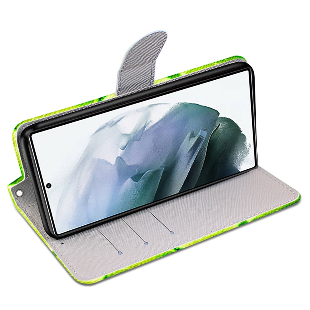 Pattern Printing Phone Case PU Leather + TPU Phone Cover with Stand Wallet and Wrist Strap for Samsung Galaxy S22 Ultra 5G - B02 Lime-5