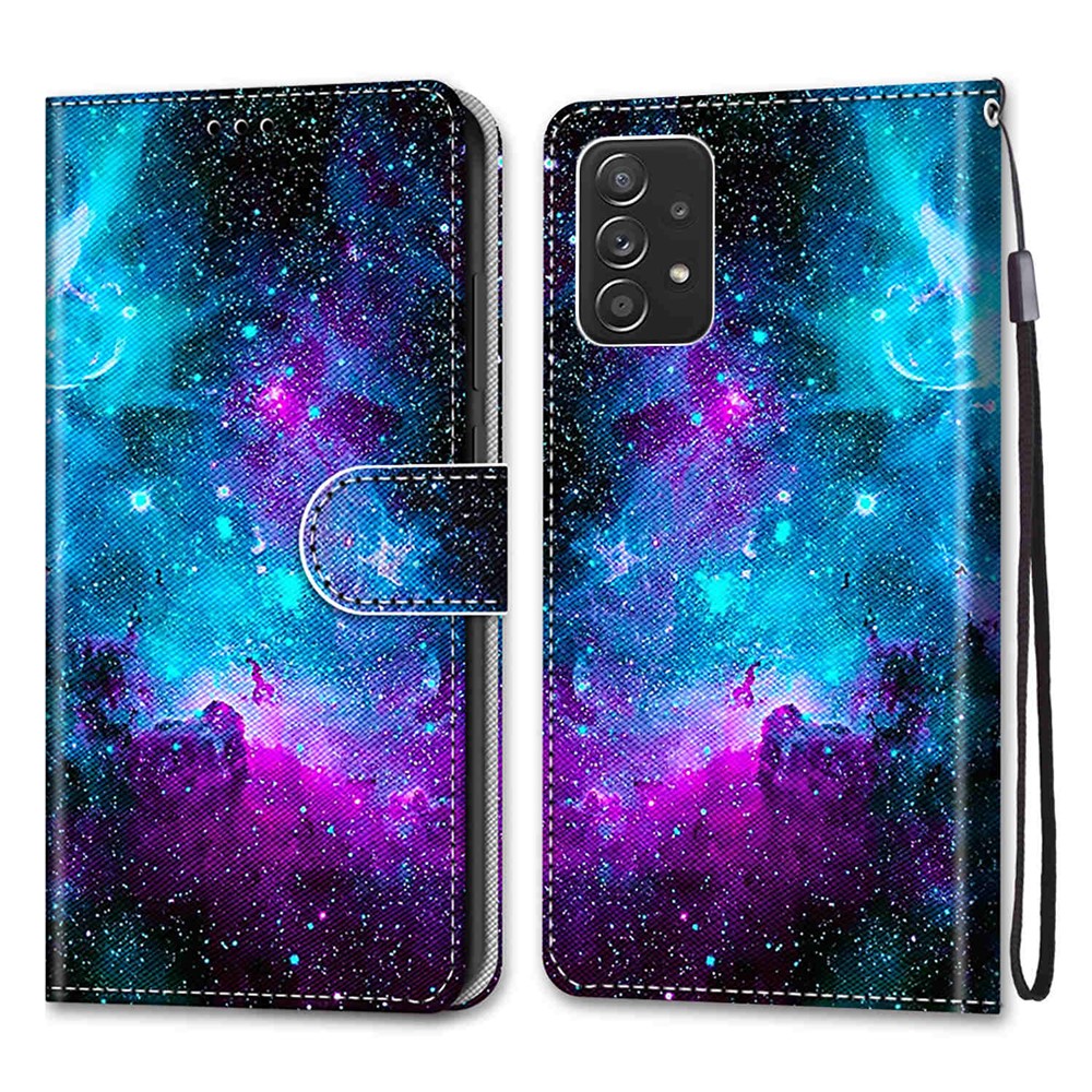 Stand Feature PU Leather Phone Case Pattern Printing Wallet Flip Protective Cover with Wrist Strap for Samsung Galaxy A53 5G - B15 Purple/Green Starry Sky-1