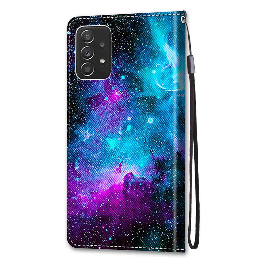 Stand Feature PU Leather Phone Case Pattern Printing Wallet Flip Protective Cover with Wrist Strap for Samsung Galaxy A53 5G - B15 Purple/Green Starry Sky-3