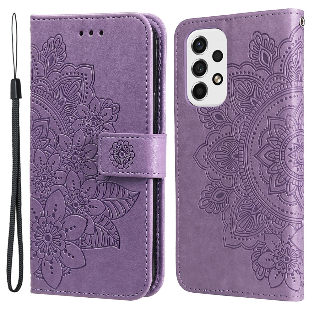 Well-protected Imprinting Flower Double-sided Magnetic Clasp PU Leather Stand Wallet Phone Case Cover with Hand Strap for Samsung Galaxy A53 5G - Purple-1