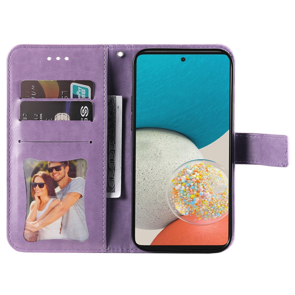 Well-protected Imprinting Flower Double-sided Magnetic Clasp PU Leather Stand Wallet Phone Case Cover with Hand Strap for Samsung Galaxy A53 5G - Purple-4