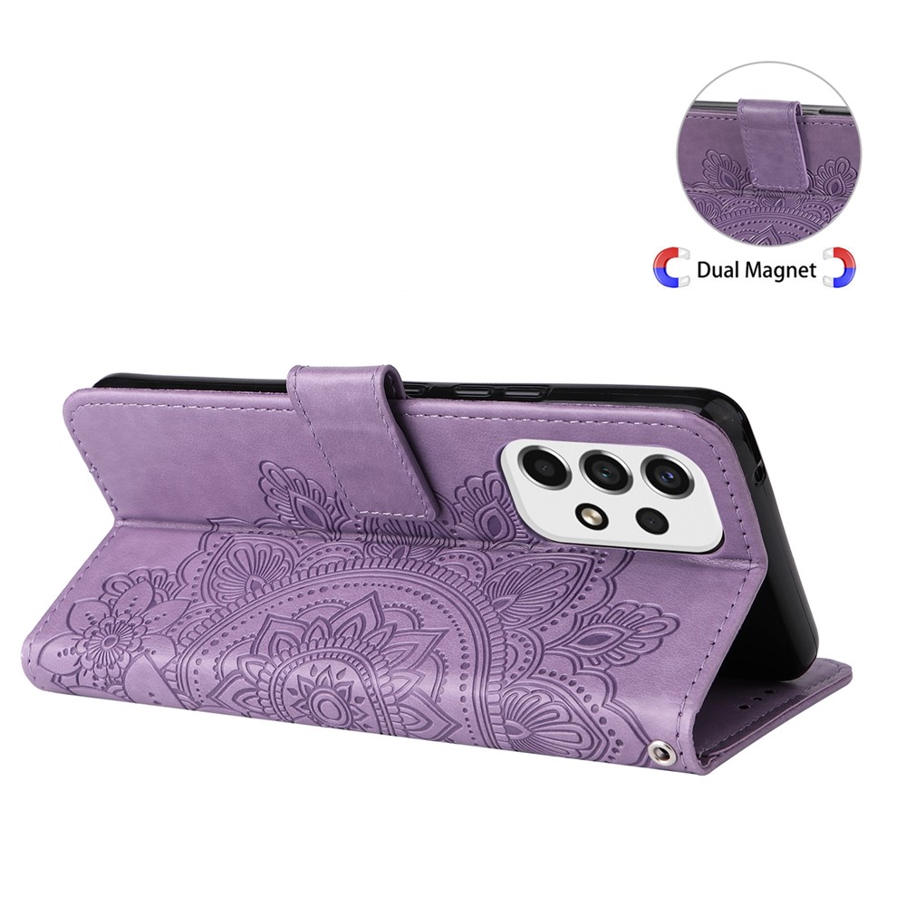 Well-protected Imprinting Flower Double-sided Magnetic Clasp PU Leather Stand Wallet Phone Case Cover with Hand Strap for Samsung Galaxy A53 5G - Purple-8