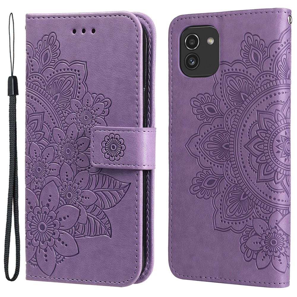 Anti-drop Protection Imprinting Flower Double-sided Magnetic Clasp PU Leather Stand Wallet Phone Case Cover with Hand Strap for Samsung Galaxy A03 (EU Version) (166.5x75.98x9.14mm) - Purple-1