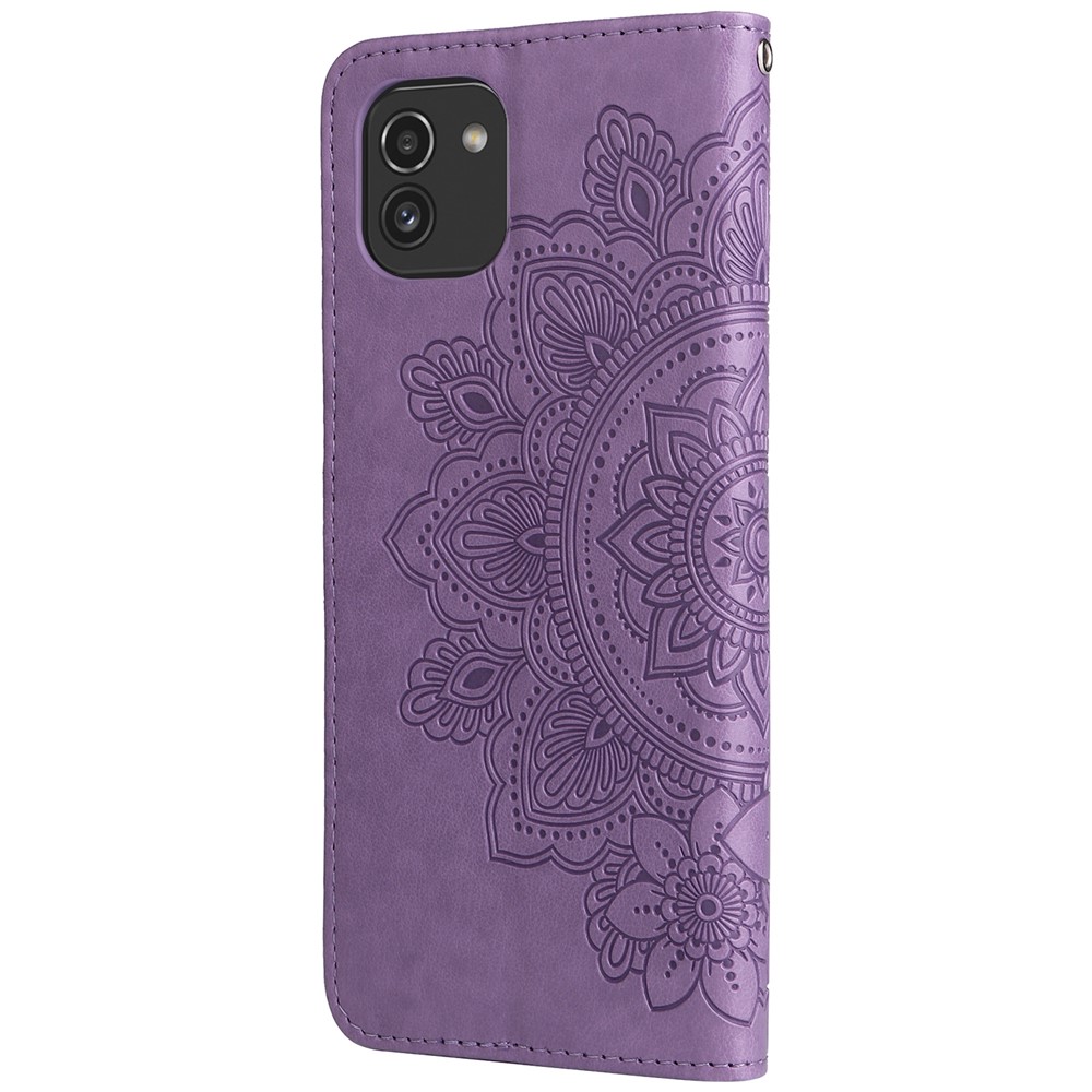 Anti-drop Protection Imprinting Flower Double-sided Magnetic Clasp PU Leather Stand Wallet Phone Case Cover with Hand Strap for Samsung Galaxy A03 (EU Version) (166.5x75.98x9.14mm) - Purple-3