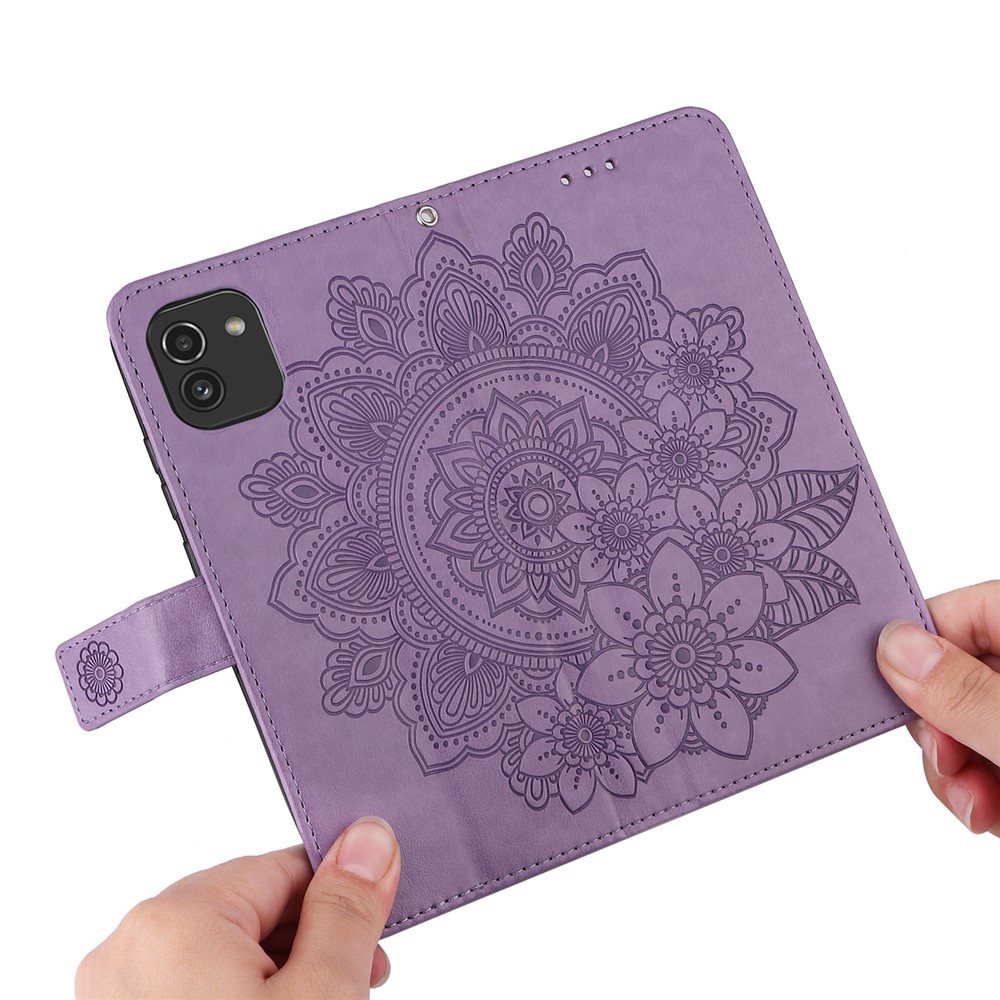 Anti-drop Protection Imprinting Flower Double-sided Magnetic Clasp PU Leather Stand Wallet Phone Case Cover with Hand Strap for Samsung Galaxy A03 (EU Version) (166.5x75.98x9.14mm) - Purple-6