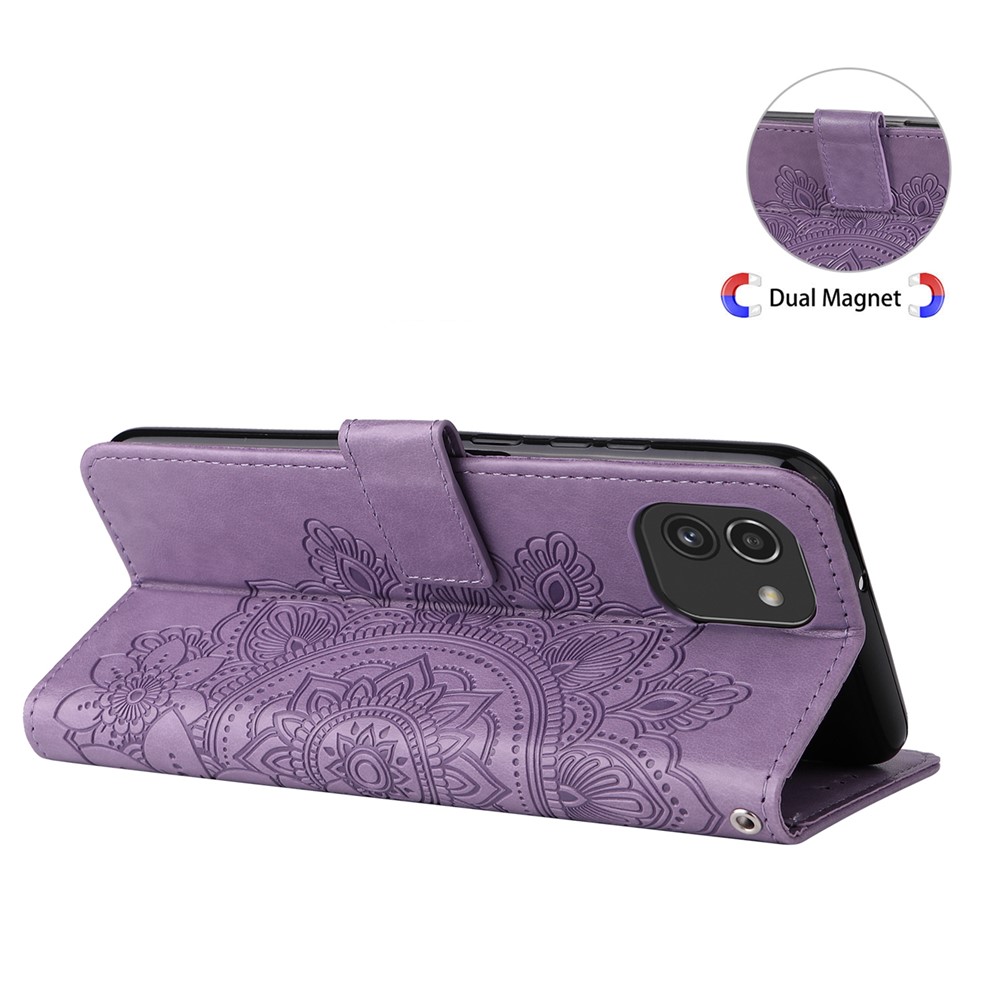 Anti-drop Protection Imprinting Flower Double-sided Magnetic Clasp PU Leather Stand Wallet Phone Case Cover with Hand Strap for Samsung Galaxy A03 (EU Version) (166.5x75.98x9.14mm) - Purple-8