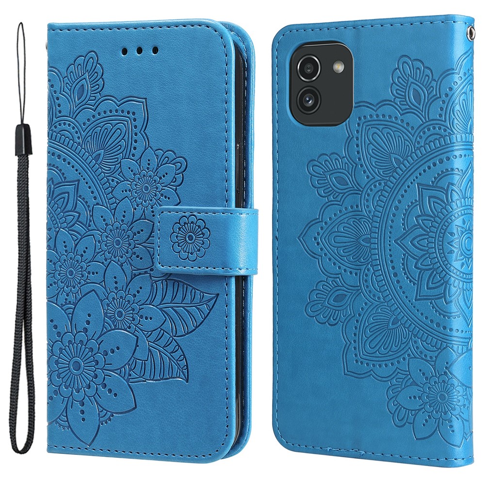 Anti-drop Protection Imprinting Flower Double-sided Magnetic Clasp PU Leather Stand Wallet Phone Case Cover with Hand Strap for Samsung Galaxy A03 (EU Version) (166.5x75.98x9.14mm) - Blue-1