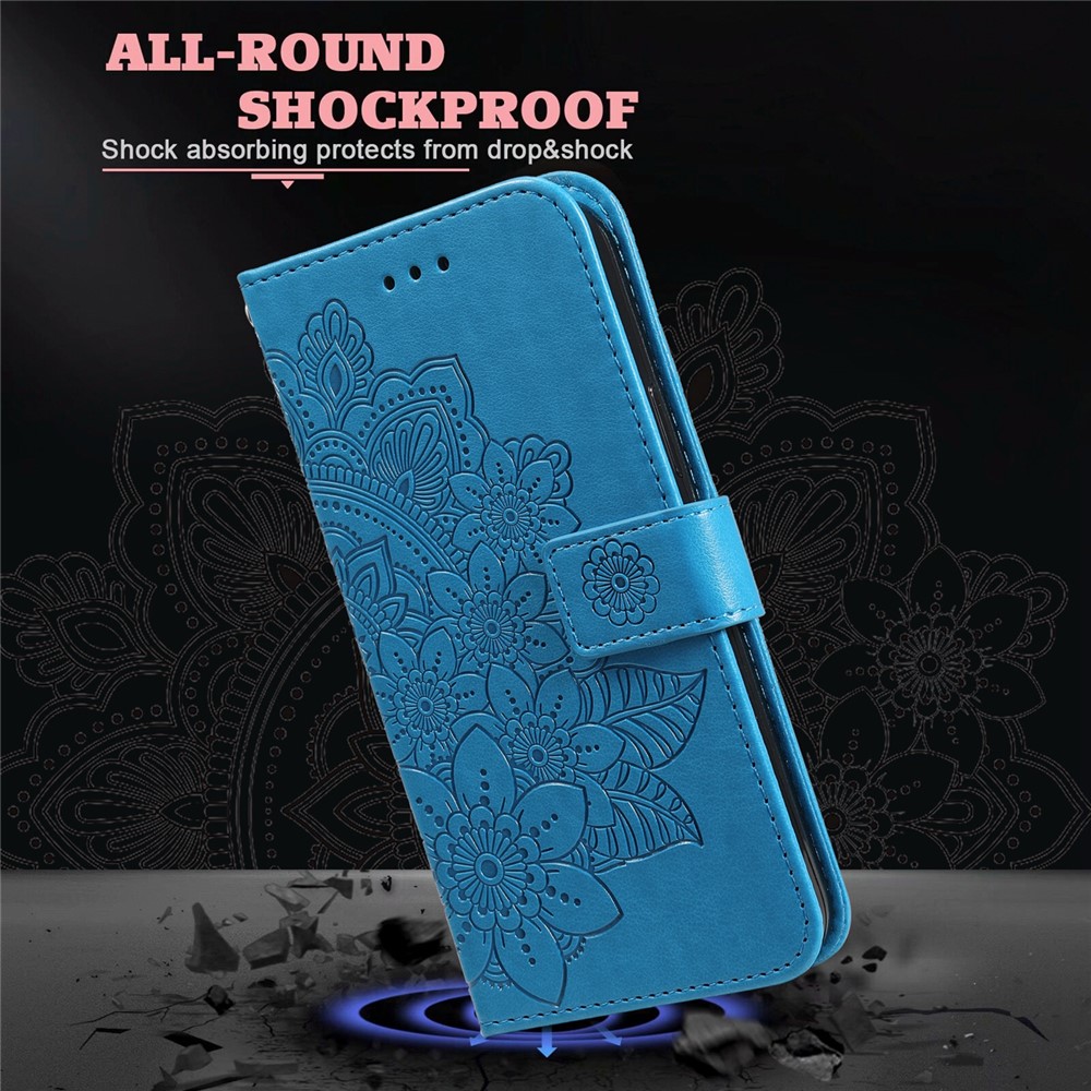 Anti-drop Protection Imprinting Flower Double-sided Magnetic Clasp PU Leather Stand Wallet Phone Case Cover with Hand Strap for Samsung Galaxy A03 (EU Version) (166.5x75.98x9.14mm) - Blue-10