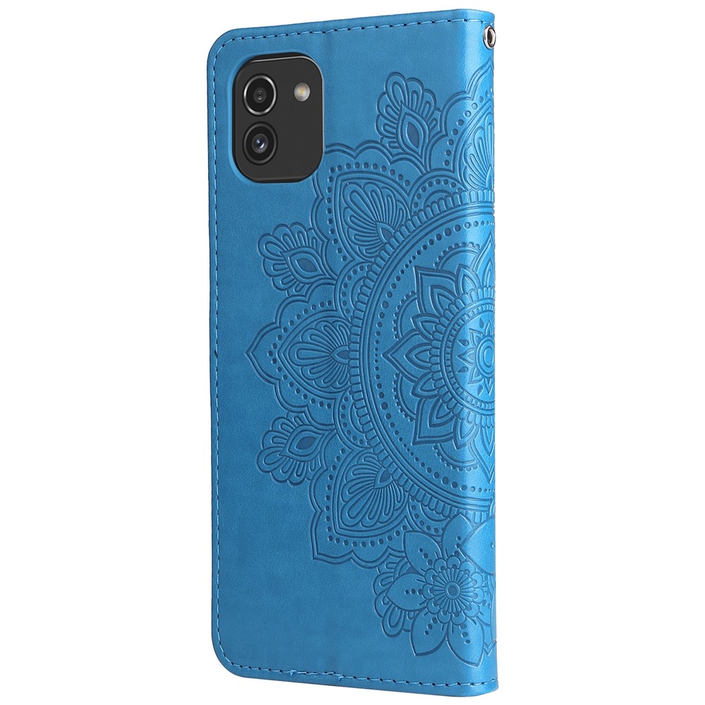 Anti-drop Protection Imprinting Flower Double-sided Magnetic Clasp PU Leather Stand Wallet Phone Case Cover with Hand Strap for Samsung Galaxy A03 (EU Version) (166.5x75.98x9.14mm) - Blue-3