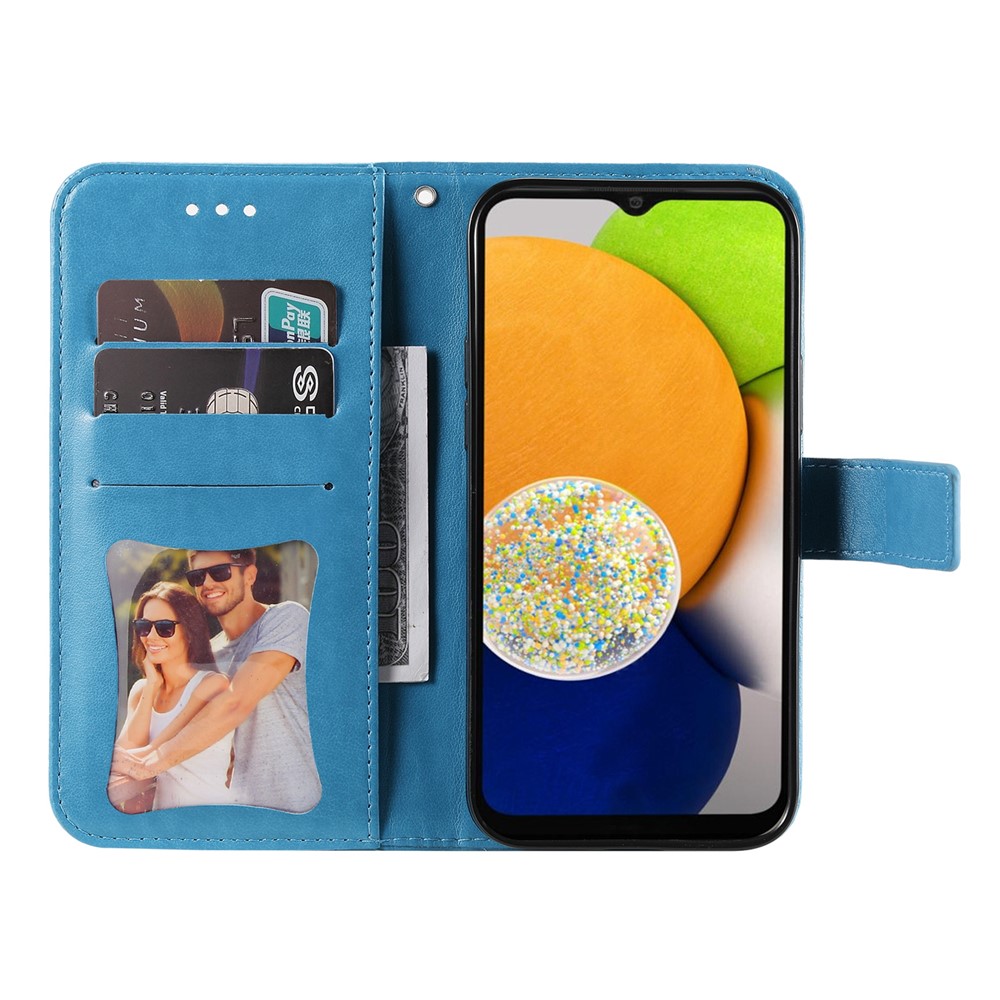 Anti-drop Protection Imprinting Flower Double-sided Magnetic Clasp PU Leather Stand Wallet Phone Case Cover with Hand Strap for Samsung Galaxy A03 (EU Version) (166.5x75.98x9.14mm) - Blue-4