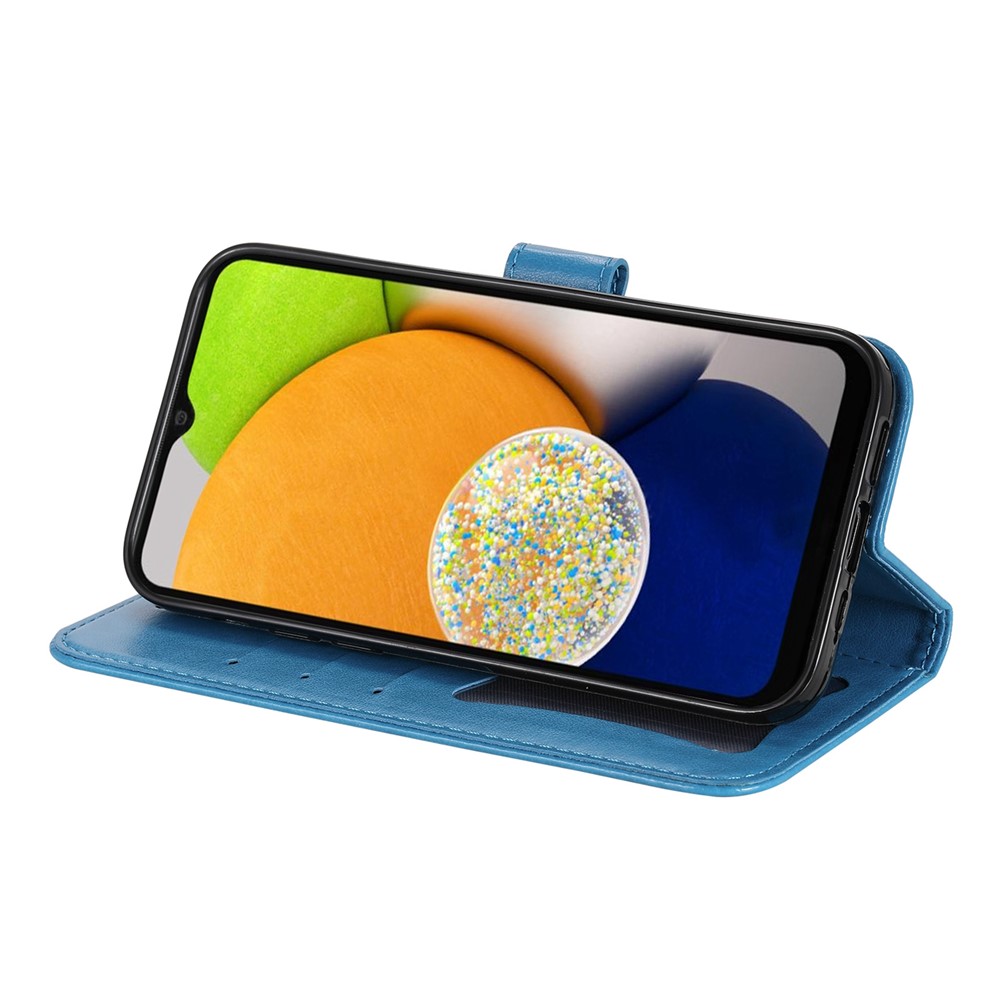 Anti-drop Protection Imprinting Flower Double-sided Magnetic Clasp PU Leather Stand Wallet Phone Case Cover with Hand Strap for Samsung Galaxy A03 (EU Version) (166.5x75.98x9.14mm) - Blue-5