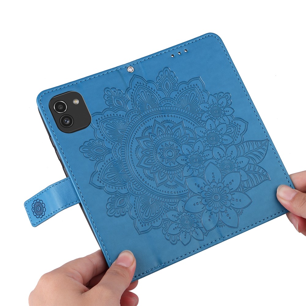 Anti-drop Protection Imprinting Flower Double-sided Magnetic Clasp PU Leather Stand Wallet Phone Case Cover with Hand Strap for Samsung Galaxy A03 (EU Version) (166.5x75.98x9.14mm) - Blue-6