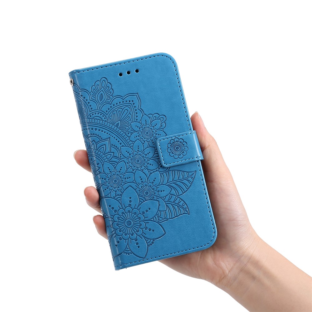 Anti-drop Protection Imprinting Flower Double-sided Magnetic Clasp PU Leather Stand Wallet Phone Case Cover with Hand Strap for Samsung Galaxy A03 (EU Version) (166.5x75.98x9.14mm) - Blue-7