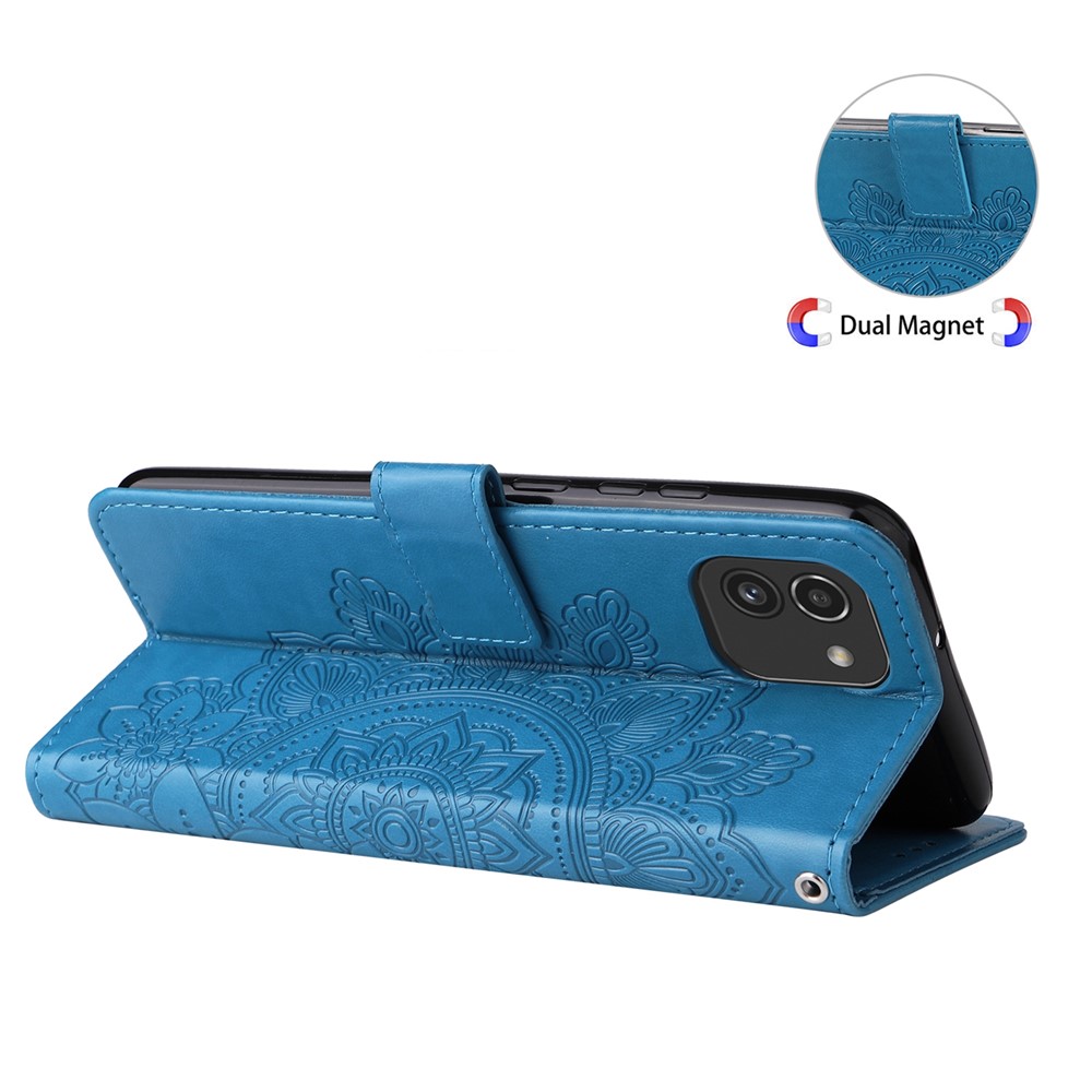 Anti-drop Protection Imprinting Flower Double-sided Magnetic Clasp PU Leather Stand Wallet Phone Case Cover with Hand Strap for Samsung Galaxy A03 (EU Version) (166.5x75.98x9.14mm) - Blue-8