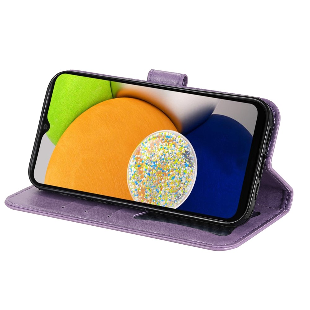 All-round Shockproof Imprinting Flower Double-sided Magnetic Clasp PU Leather Stand Wallet Phone Case Cover with Hand Strap for Samsung Galaxy A03 (Global Version) (164.2x75.9x9.1mm) - Purple-5