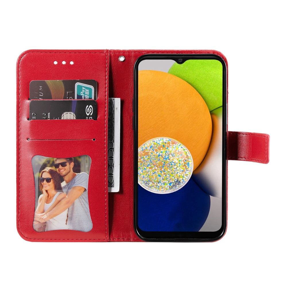 All-round Shockproof Imprinting Flower Double-sided Magnetic Clasp PU Leather Stand Wallet Phone Case Cover with Hand Strap for Samsung Galaxy A03 (Global Version) (164.2x75.9x9.1mm) - Red-4
