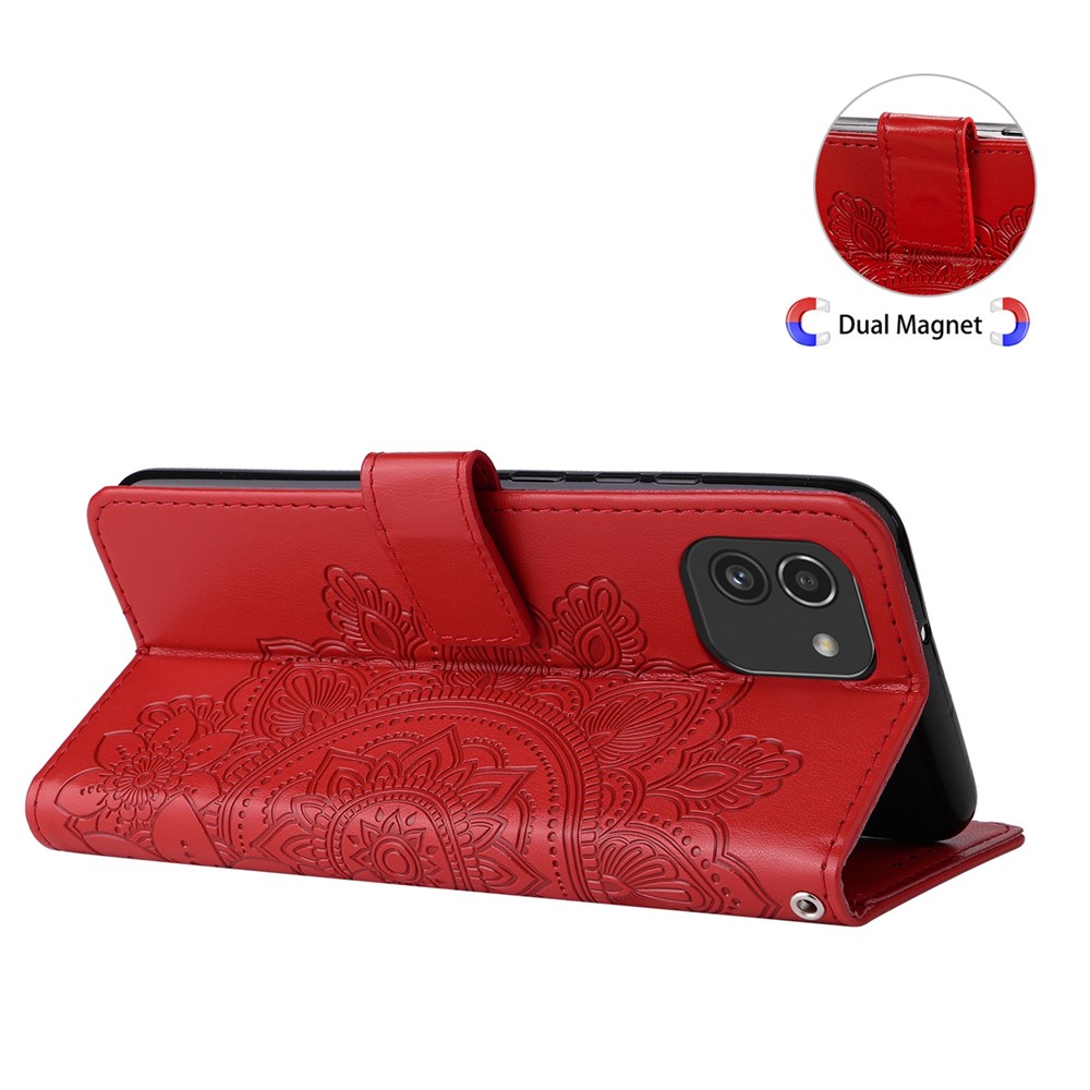 All-round Shockproof Imprinting Flower Double-sided Magnetic Clasp PU Leather Stand Wallet Phone Case Cover with Hand Strap for Samsung Galaxy A03 (Global Version) (164.2x75.9x9.1mm) - Red-7