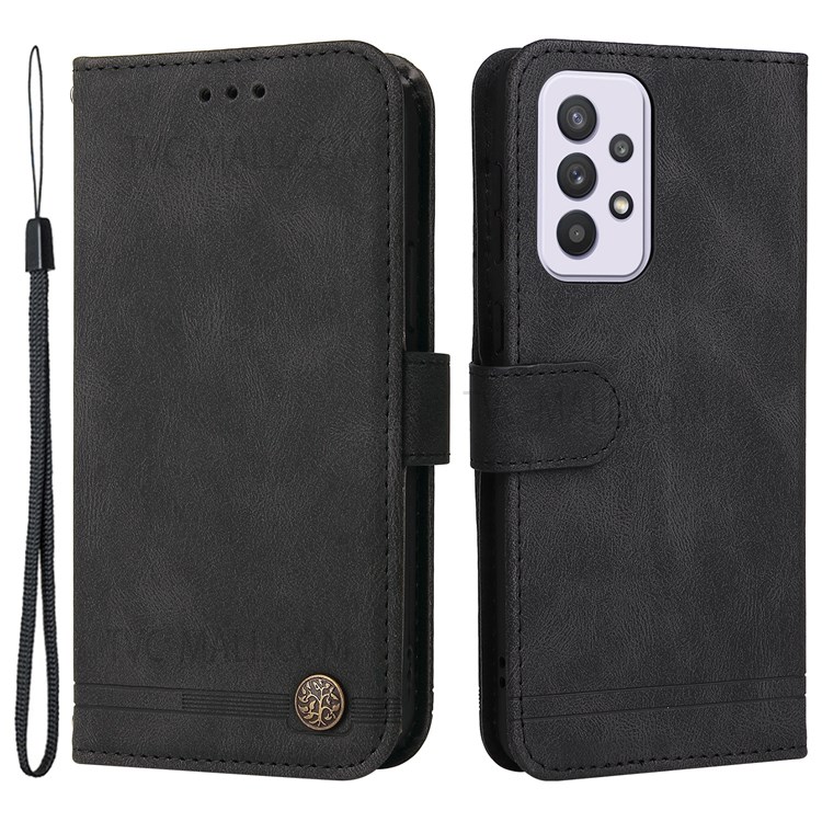 Tree Pattern Metal Button Leather Phone Case Stand Wallet Cover with Strap for Samsung Galaxy A33 5G - Black-1