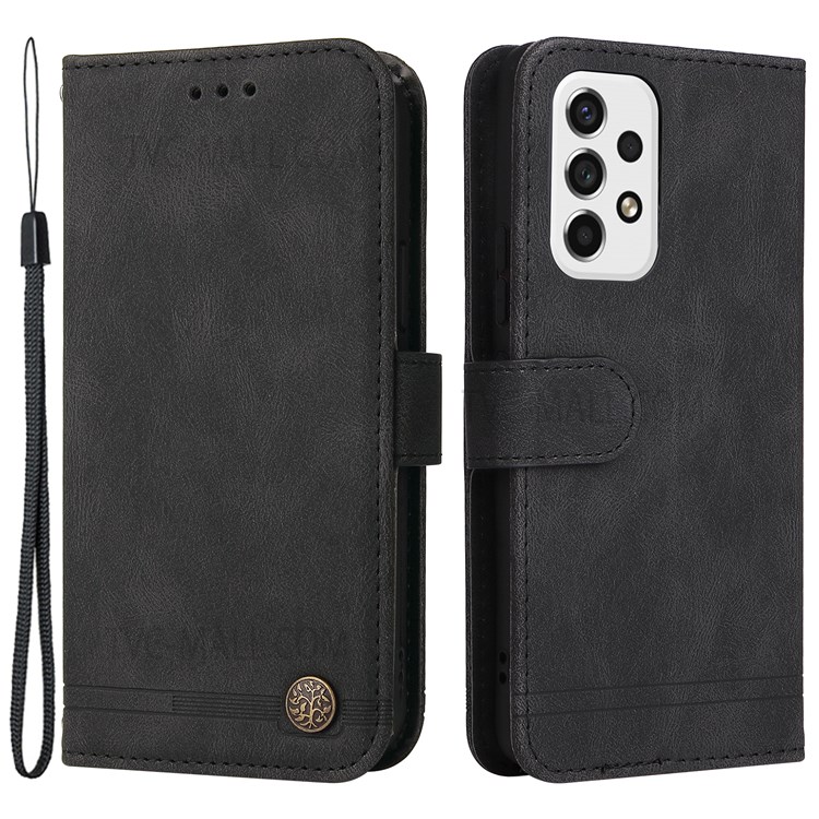 Tree Pattern Metal Button PU Leather + TPU Skin-touch Phone Case with Stand Wallet for Samsung Galaxy A53 5G - Black-1