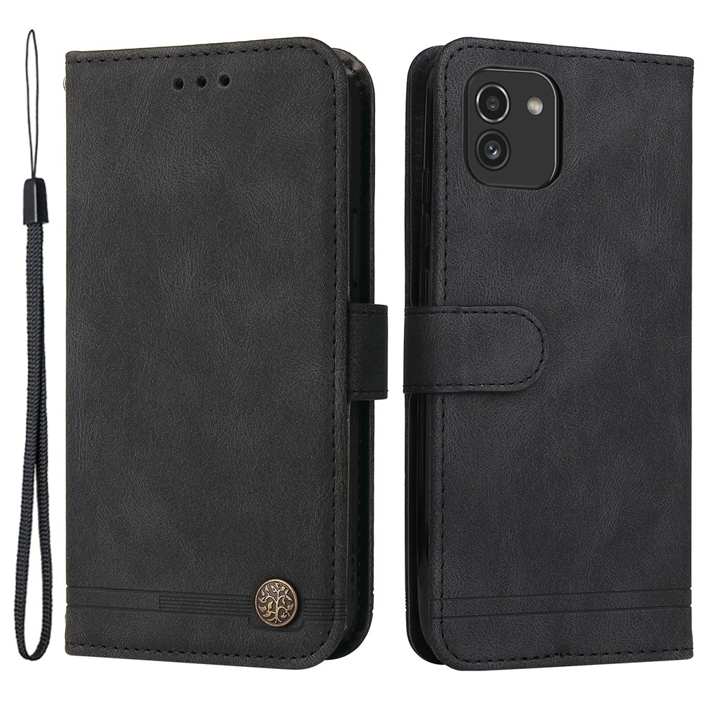 PU Leather + TPU Cover Tree Pattern Metal Button Stand Wallet Phone Case with Strap for Samsung Galaxy A03 (Global Version) (164.2x75.9x9.1mm) - Black-1