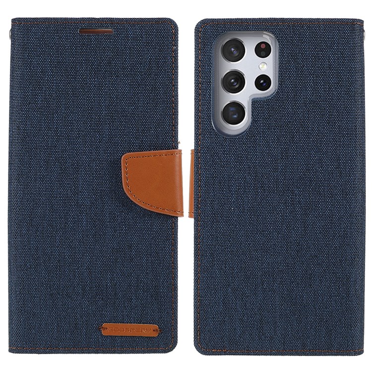 MERCURY GOOSPERY Anti-scratch PU Leather Phone Case Canvas Texture Stand Wallet Protector Cover for Samsung Galaxy S22 Ultra 5G - Dark Blue-1