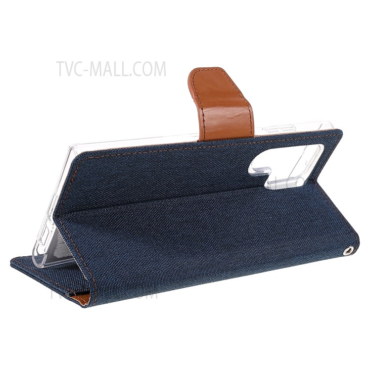 MERCURY GOOSPERY Anti-scratch PU Leather Phone Case Canvas Texture Stand Wallet Protector Cover for Samsung Galaxy S22 Ultra 5G - Dark Blue-10