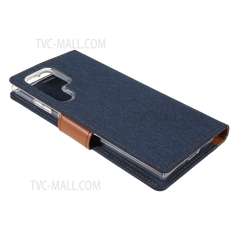 MERCURY GOOSPERY Anti-scratch PU Leather Phone Case Canvas Texture Stand Wallet Protector Cover for Samsung Galaxy S22 Ultra 5G - Dark Blue-5