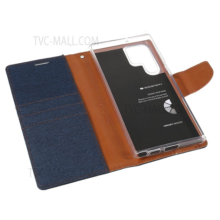 MERCURY GOOSPERY Anti-scratch PU Leather Phone Case Canvas Texture Stand Wallet Protector Cover for Samsung Galaxy S22 Ultra 5G - Dark Blue-7