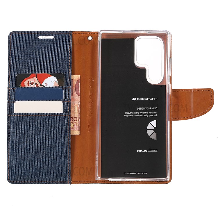 MERCURY GOOSPERY Anti-scratch PU Leather Phone Case Canvas Texture Stand Wallet Protector Cover for Samsung Galaxy S22 Ultra 5G - Dark Blue-8