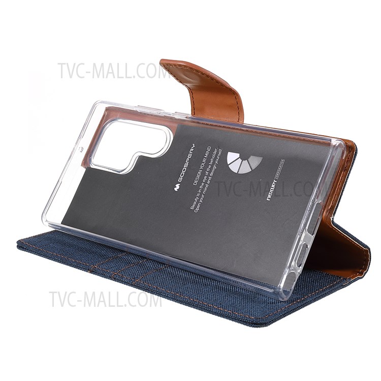 MERCURY GOOSPERY Anti-scratch PU Leather Phone Case Canvas Texture Stand Wallet Protector Cover for Samsung Galaxy S22 Ultra 5G - Dark Blue-9
