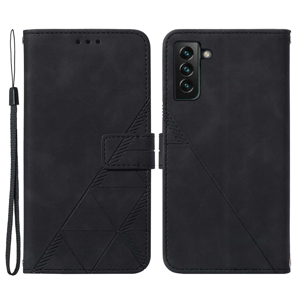 PU Leather Wallet Case Stand Lines Imprinted Flip Protective Cover with Strap for Samsung Galaxy S22 Plus - Black-1