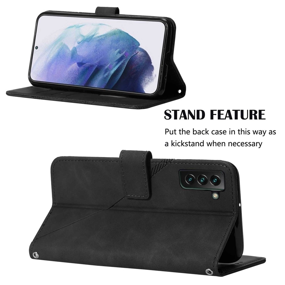 PU Leather Wallet Case Stand Lines Imprinted Flip Protective Cover with Strap for Samsung Galaxy S22 Plus - Black-4