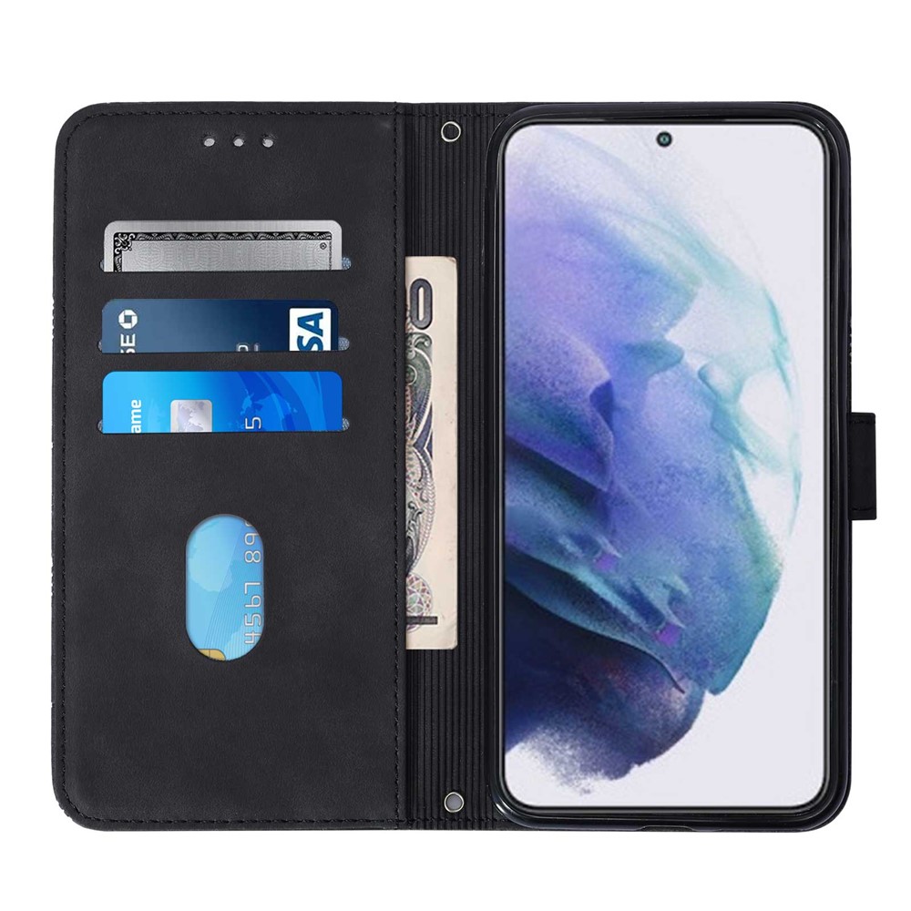 PU Leather Wallet Case Stand Lines Imprinted Flip Protective Cover with Strap for Samsung Galaxy S22 Plus - Black-5