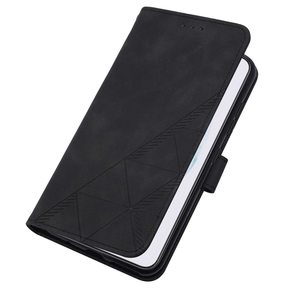 PU Leather Wallet Case Stand Lines Imprinted Flip Protective Cover with Strap for Samsung Galaxy S22 Plus - Black-6