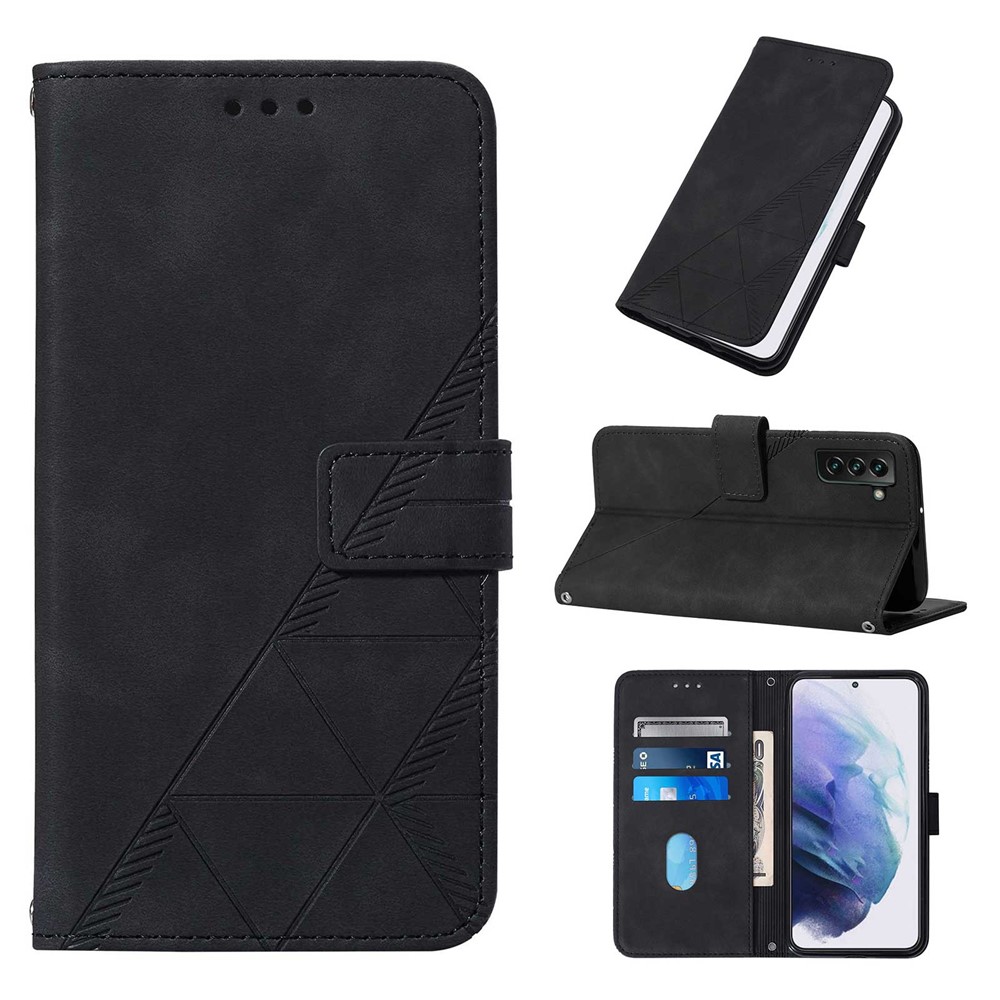 PU Leather Wallet Case Stand Lines Imprinted Flip Protective Cover with Strap for Samsung Galaxy S22 Plus - Black-7