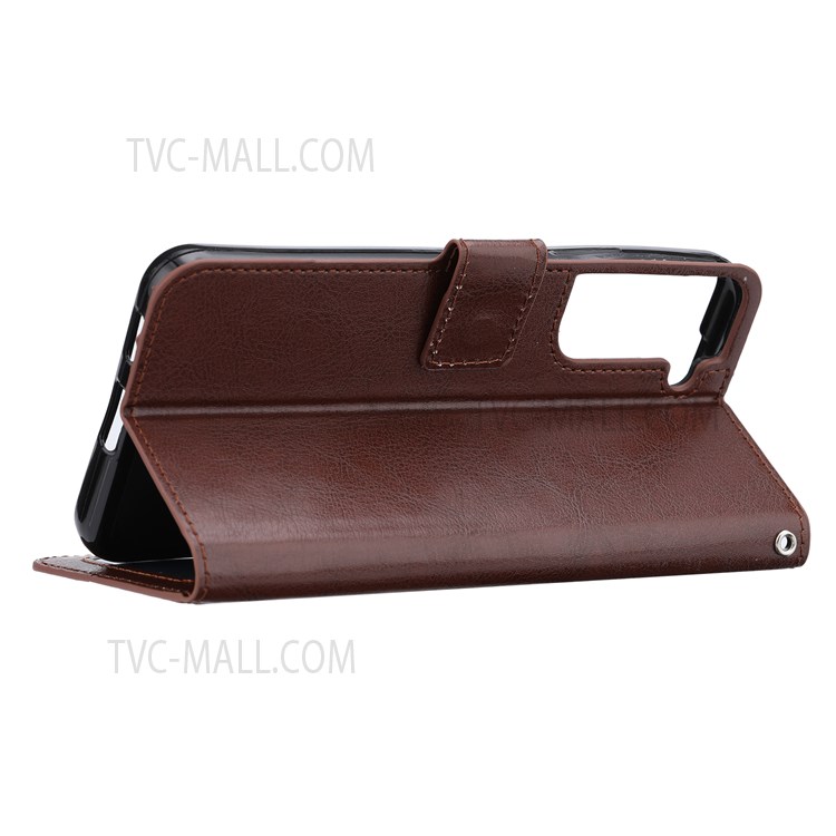 Drop-resistant Crazy Horse Texture PU Leather Cover Magnetic Clasp Stand Wallet Phone Case for Samsung Galaxy S22 5G - Brown-5