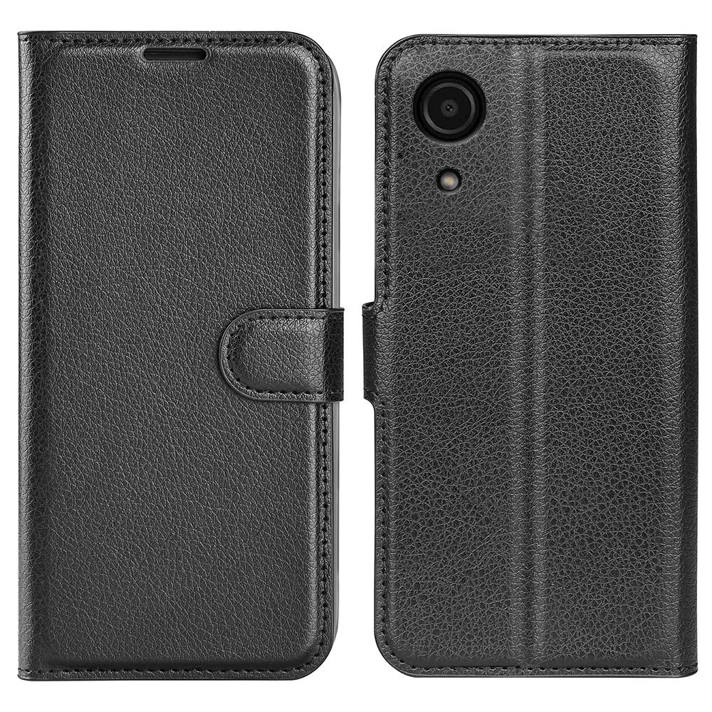 Scratch-resistant PU Leather Coated TPU Mobile Phone Case Litchi Texture Stand Wallet Flip Protective Phone Cover for Samsung Galaxy A03 Core - Black-1