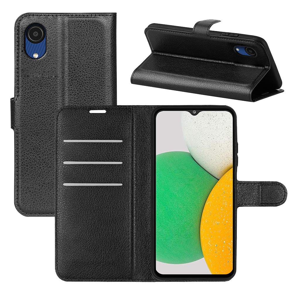 Case de Teléfono Móvil Con Cuero Con Cuero PU Resistente a Los Rasguños Litchi Texture Stand Willet Flip Cover de Teléfono Protector Para Samsung Galaxy A03 Core - Negro