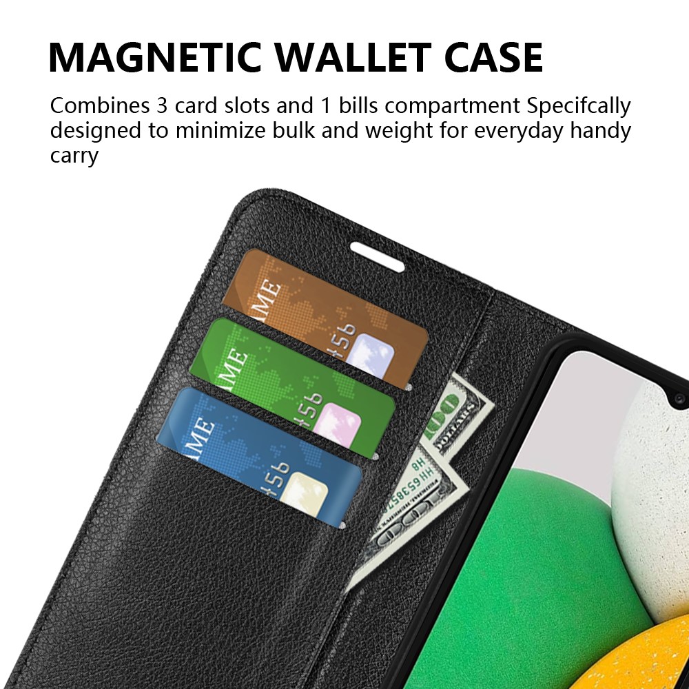 Scratch-resistant PU Leather Coated TPU Mobile Phone Case Litchi Texture Stand Wallet Flip Protective Phone Cover for Samsung Galaxy A03 Core - Black-5
