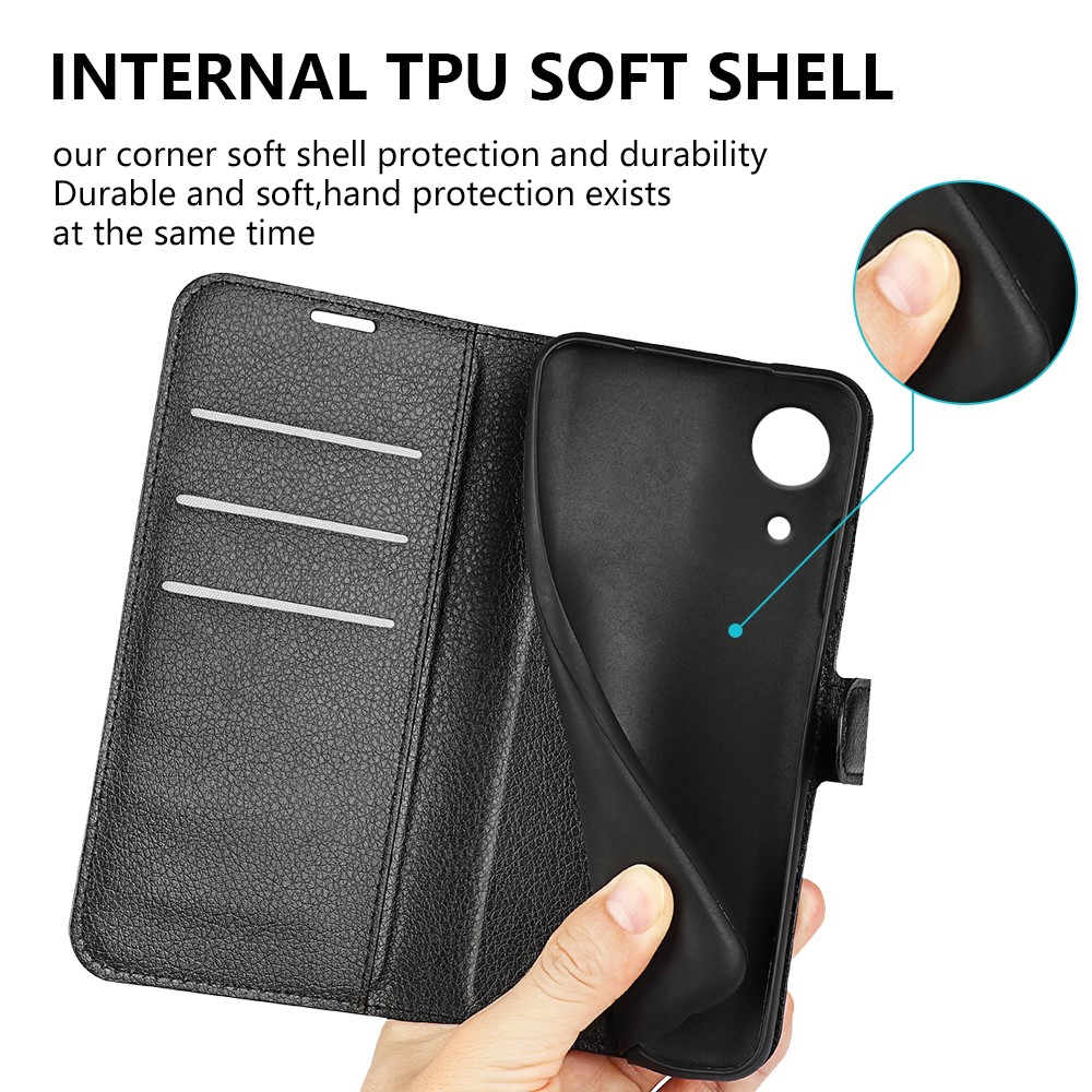 Scratch-resistant PU Leather Coated TPU Mobile Phone Case Litchi Texture Stand Wallet Flip Protective Phone Cover for Samsung Galaxy A03 Core - Black-6