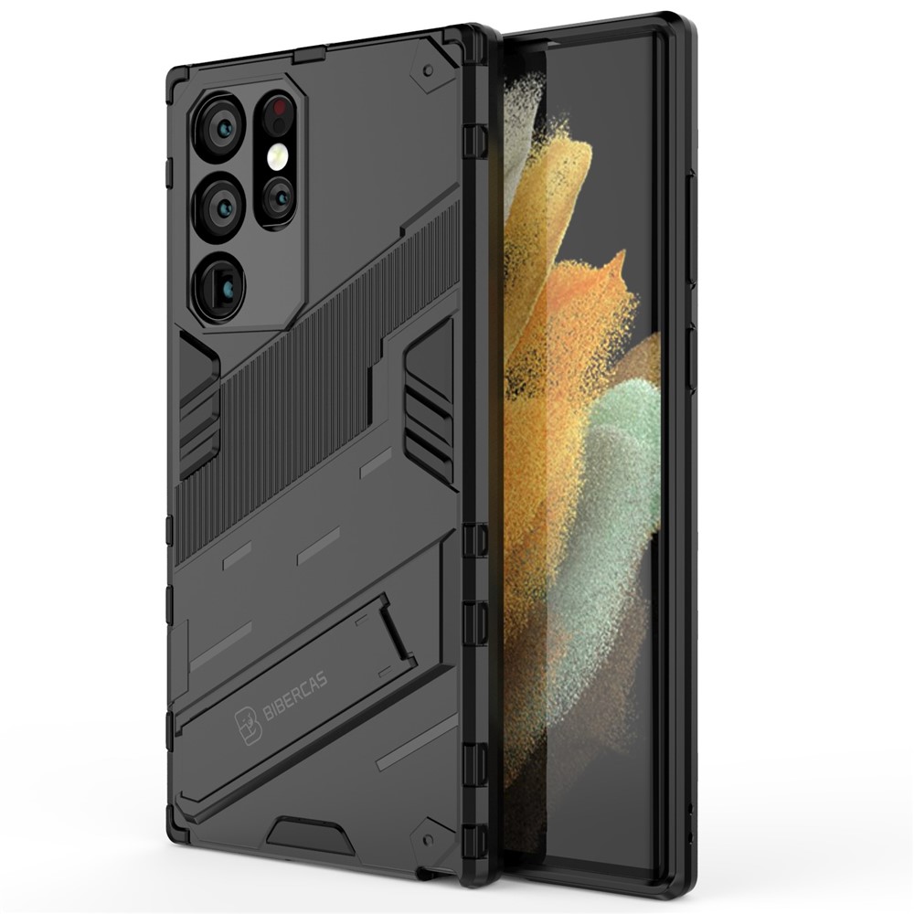 Shockproof TPU + PC Phone Back Cover Cellphone Case with Kickstand for Samsung Galaxy S22 Ultra 5G - Black-2