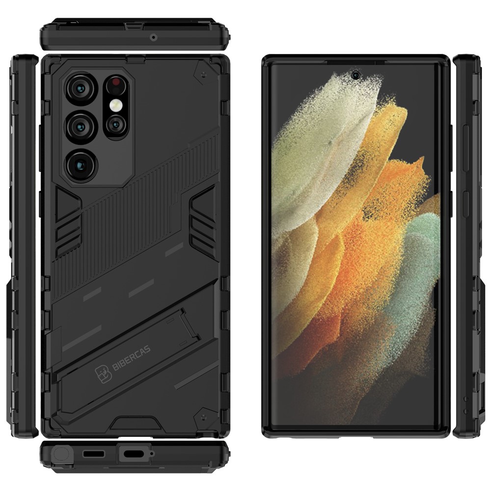 Shockproof TPU + PC Phone Back Cover Cellphone Case with Kickstand for Samsung Galaxy S22 Ultra 5G - Black-6