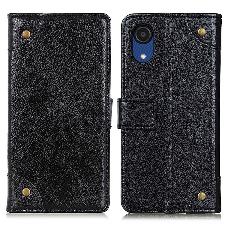 Nappa Texture Brass Button Decor PU Leather Phone Case Book Style Flip Stand Wallet Protective Cover for Samsung Galaxy A03 Core - Black-1