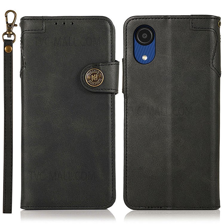 KHAZNEH PU Leather Attached TPU Inner Case Wallet Stand Flip Protective Phone Cover with Strap for Samsung Galaxy A03 Core - Black-1