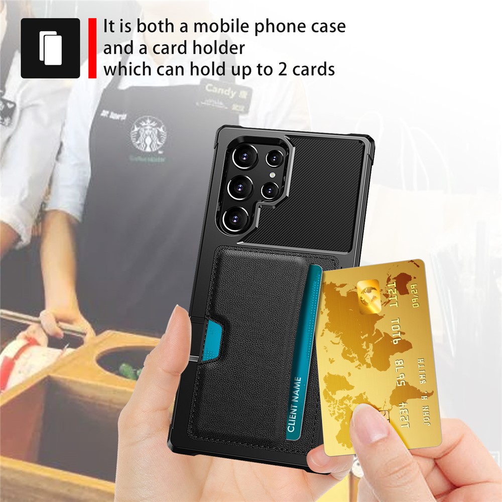 ZM02 Built-in Magnetic Metal Sheet Shockproof Card Holders Kickstand PU Leather + TPU Hybrid Case Phone Cover for Samsung Galaxy S22 Ultra 5G - Black-5