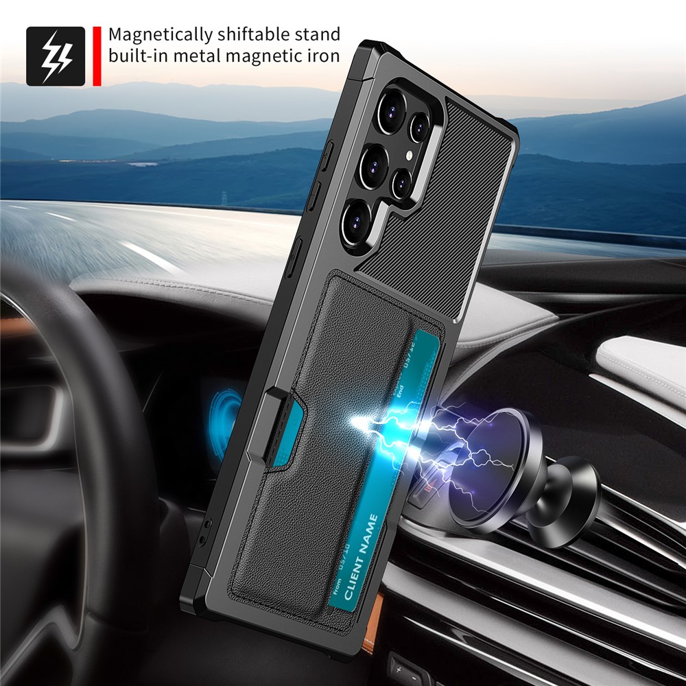 ZM02 Built-in Magnetic Metal Sheet Shockproof Card Holders Kickstand PU Leather + TPU Hybrid Case Phone Cover for Samsung Galaxy S22 Ultra 5G - Black-6