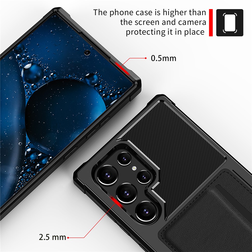 ZM02 Built-in Magnetic Metal Sheet Shockproof Card Holders Kickstand PU Leather + TPU Hybrid Case Phone Cover for Samsung Galaxy S22 Ultra 5G - Black-7