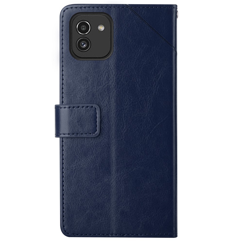 Anti-drop Mobile Phone Cover Y-shaped Lines Imprinted Handy Strap Magnetic PU Leather Stand Wallet Case for Samsung Galaxy A03 (166.5x75.98x9.14mm) - Blue-3